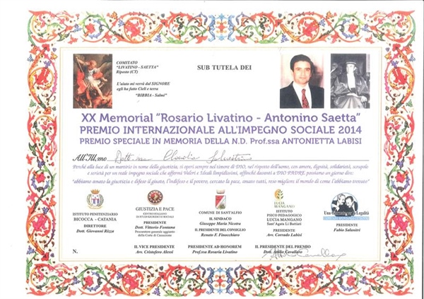 XX^ Edizione Premio Internazionale "Memorial Rosario Angelo Livatino/Antonio Saetta"